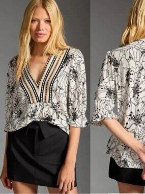 Anthropologie Bl^nk London Stephanie Embroidered Floral Top ** Size S